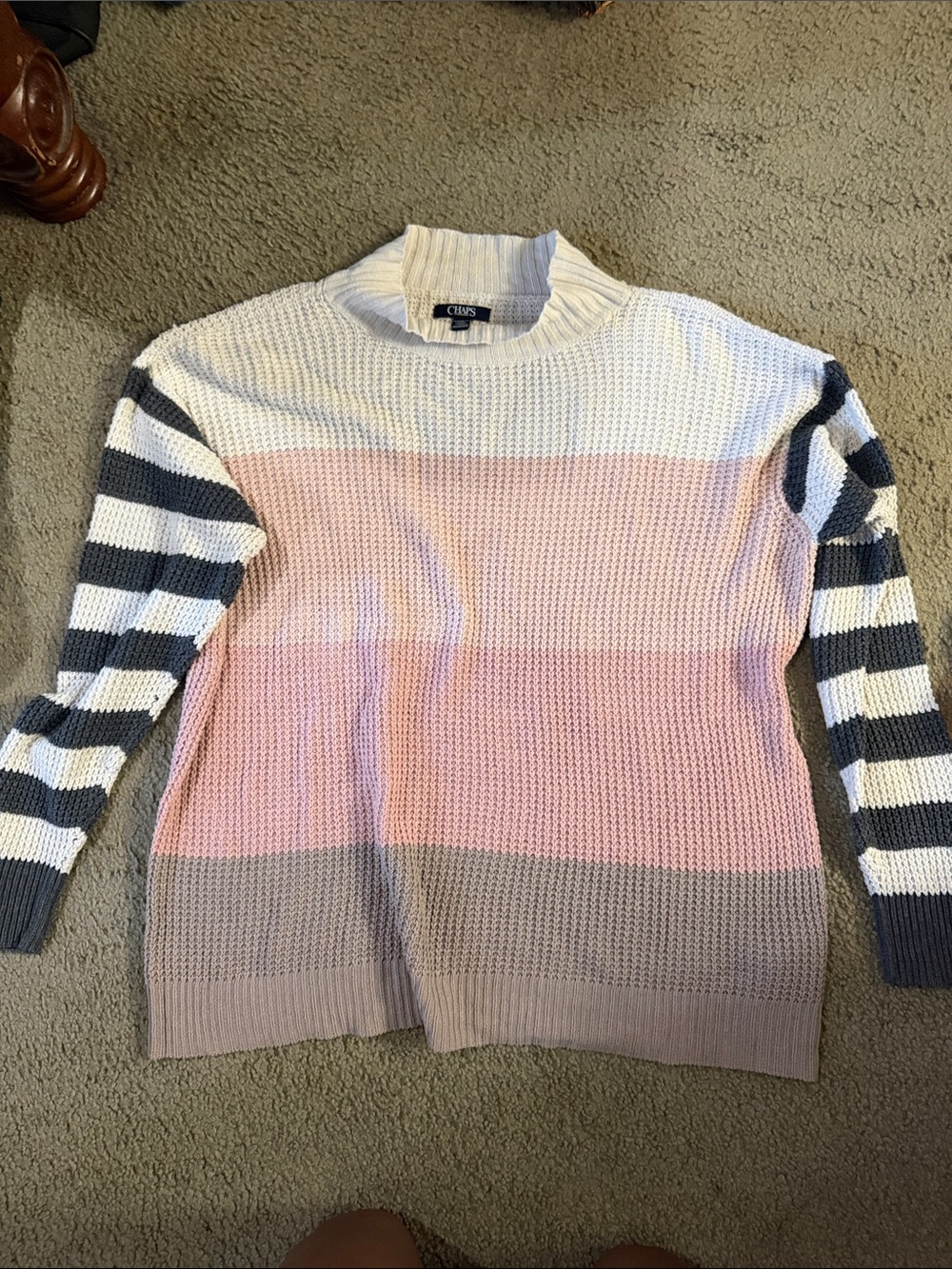 Chaps Cream, Pink & Gray Striped Crewneck Sweater